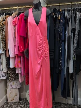 Alice Olivia Sleeveless Pink V-Neck Maxi Dress with Side Ruching